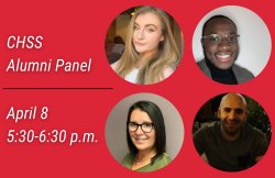 image with red background and white text reading "CHSS Alumni Panel, April 8 at 5:30 p.m." with the headshots of panelist in four different circles
