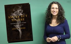 photo of Professor Jessica Henry standing in front of a green chalkboard. Her book cover overlays the left side of the image