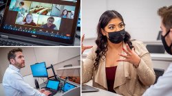 photo collage of a computer zoom screen with participants in top left. bottom left is man standing at computer with muliple screens. right side is girl wearing mask speaking and gesturing