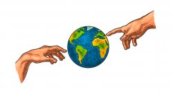 image of two hands, coming from opposite corners of the frame, pointing to the Earth at the center of the image