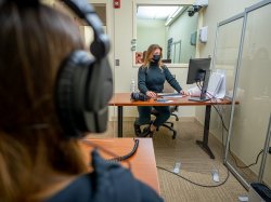 Montclair senior Evyn Stewart records study participant Ashley Martino in Montclair’s Communication Sciences and Disorders Clinical Biofeedback Lab.