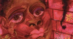 Mixed media painting of a women's face in shades of red