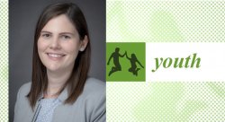 photo of Rebecca Madson. Green and white dotted background image with Journal Title and logo on right