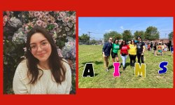 two photos of victoria vargas. one with her smiling and flowers in background. other with co-workers outside