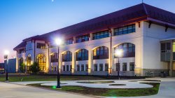 Schmitt Hall at twilight
