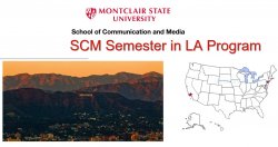 Graphic with photo of LA skyline and map of U.S.A with red stars in NJ and California.