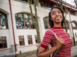 Student on the Montclair State campus in Spring