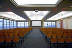 The Conference Center's Main Ballroom set up in a conference format.