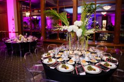 Another view of a custom table centerpiece and dining setup in the Main Ballroom at the Conference Center.