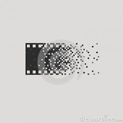Graphic of film reel dissolving into pixels