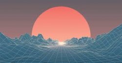 graphic of suset over polygonal grid landscape
