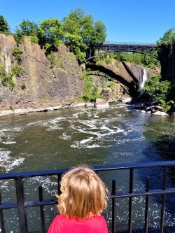 Child at fence viewing waterfall