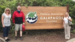 Dean Lora Billings and Associate Dean Scott Kight by Galapagos sign