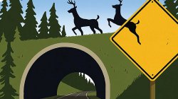deer hopping off traffic sign onto animal overpass