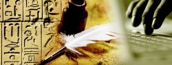 Blended image of ancient picture glyphs in stone, a quill and ink, and then fingers on a keyboard.