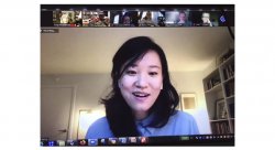 Poet Jenny Xie on Zoom screen with small photo squares of other participants at the top of the frame