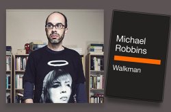 photo of Professor Michael Robbins with bookshelves behind and with book cover of new book of poetry overlaid to the right