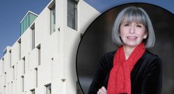 Collage image of the Long Room Hub Institute and a photo of Lucy McDiarmid
