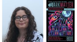 Photo of alumna Casey Masterson. a digital cover of Dark Matter Halloween Magazine is on the right