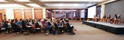 Wide-angle photo of crowd watching the panel.