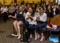 The members of Mavo Care took first-place in Montclair State University’s BulbHead.com Inventors Day for Aspiring Entrepreneurs. From left, Lisa Noesi, Nicole Curley and Kenna Brockway. (Photo by Aaron Houston)