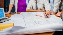 Building plans on a table.
