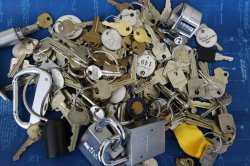 Photos of keys on a table.