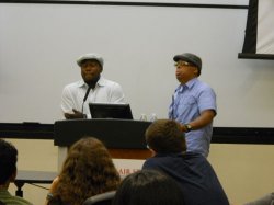 Shawn Simons and Alvaro Llanos speak with Montclair State University students.