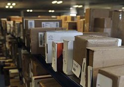 Packages on shelves.