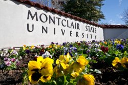 Photo of main entrance with flowers planted in front of logo