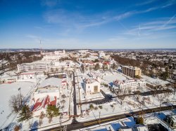 Aerial shot of the south end of campus after snow has been cleared from roads and sidewalks