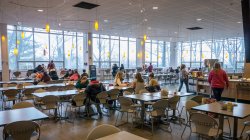 Freeman Dining Hall during meal time with students seated at tables