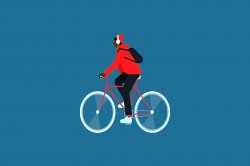 Illustration of a man riding a bicycle. Man is wearing a red hoodie, white headphones, and a black backpack.