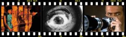 Collage film strip-style image including video stills from the films: In the Mood for Love, Man with a Movie Camera, and Rear Window.