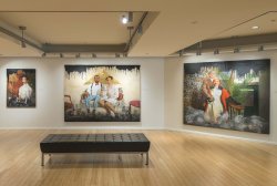Installation photo in George Segal Gallery of three works in the University Galleries' spring 2022 exhibition, Ajamu Kojo's "Black Wall Street: A Case for Reparations"