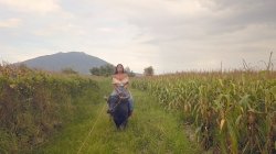 A woman rides a water buffalo a green field. Behind her is a hill. The sky is very light blue, almost white, with fluffy clouds.