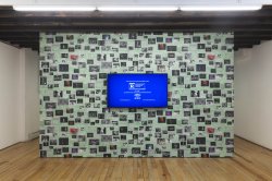 Installation image featuring a tv monitor with a blue background and green wallpaper with images.