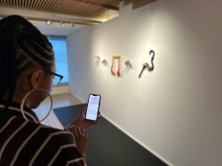 A visitor looks at information about an artwork on their phone.