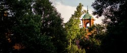 Montclair State University campus bell tower among green trees.
