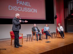 Montclair professor Pavlo Lushyn, who served as moderator, interacts with panelists Michael Levdanski, Jacquie Colgan and Marianna Tretiak.