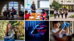 Images of students on camps, strolling in front of buildings, dancing on stage, looking at biological samples in a lab.