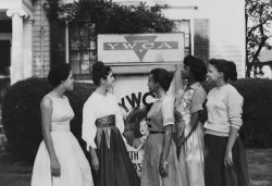 Vintage photo of women standing in front of YWCA