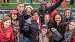 Students chearing with President Cole