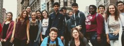 Image of a group of students in front of the Flatiron building in Manhattan, NY.