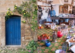blue door and breakfast table