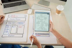 photo showing hands of a female Web designer and programmer discussing website project at meeting