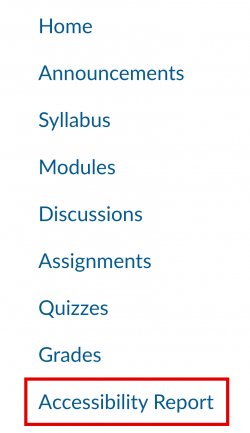 Screenshot highlighting the Ally Course Accessibility Report in a Canvas Course navigation menu