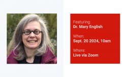 On the left, a portrait of Mary English. On the right, a list of event details that can be located on this page.
