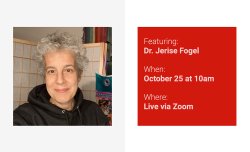 On the left, a portrait of Jerise Fogel. On the right, a list of event details that can be located on this page.