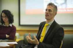 Image of faculty member Arnaud Kurze presenting as part of a panel discussion.